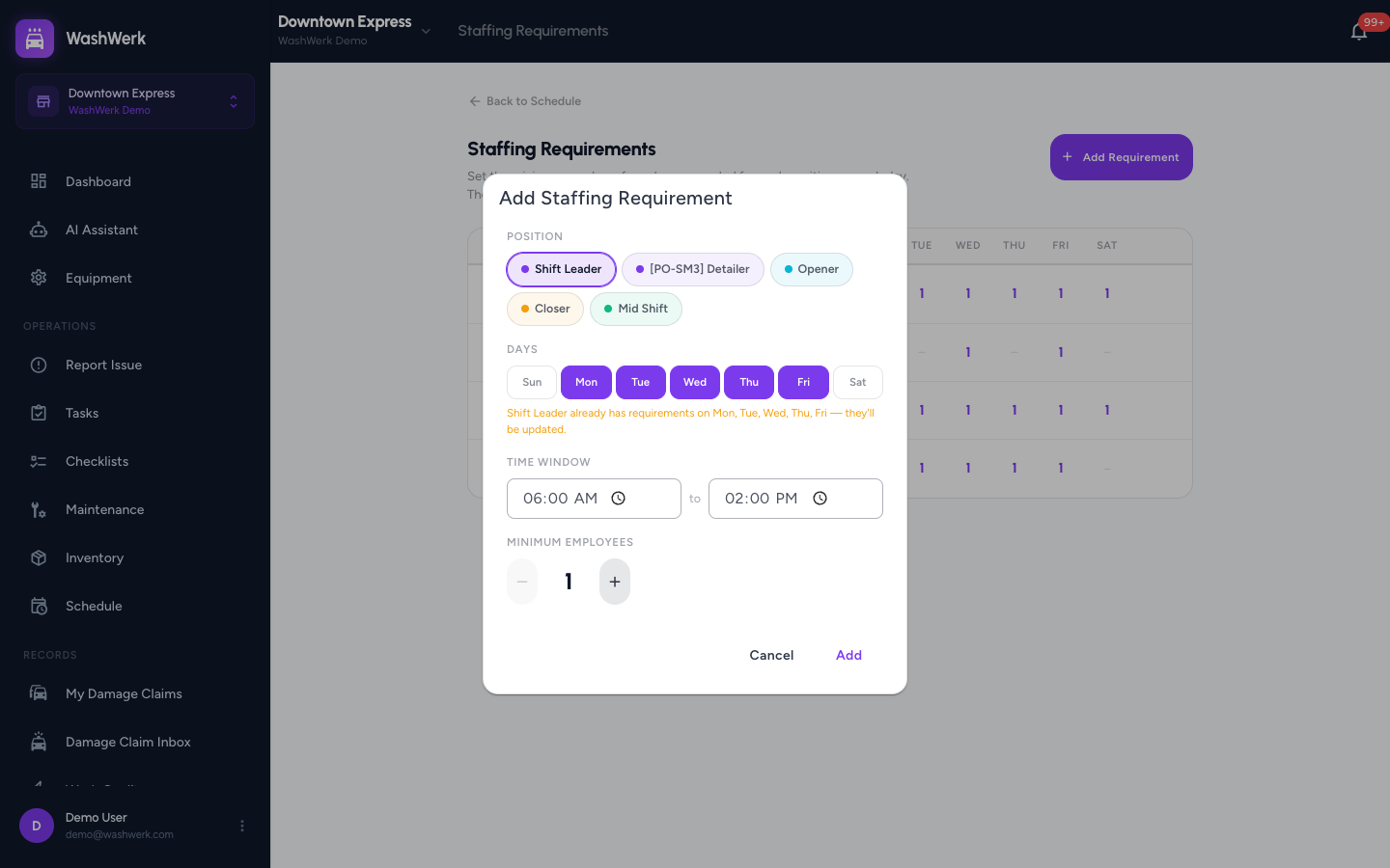 Add Staffing Requirement dialog with position, days, time, and minimum count