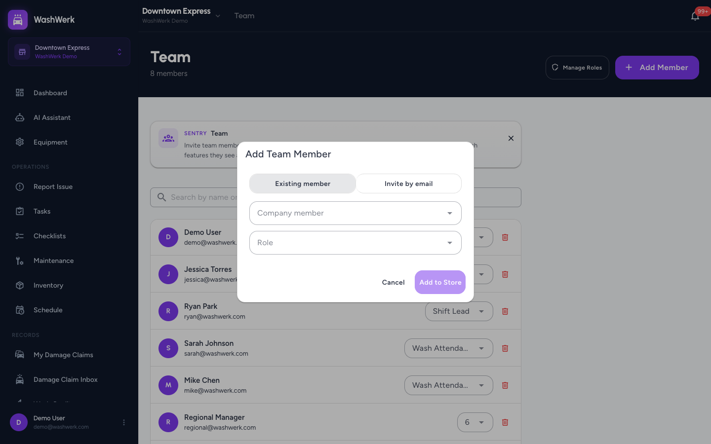Add Team Member dialog set to invite by email