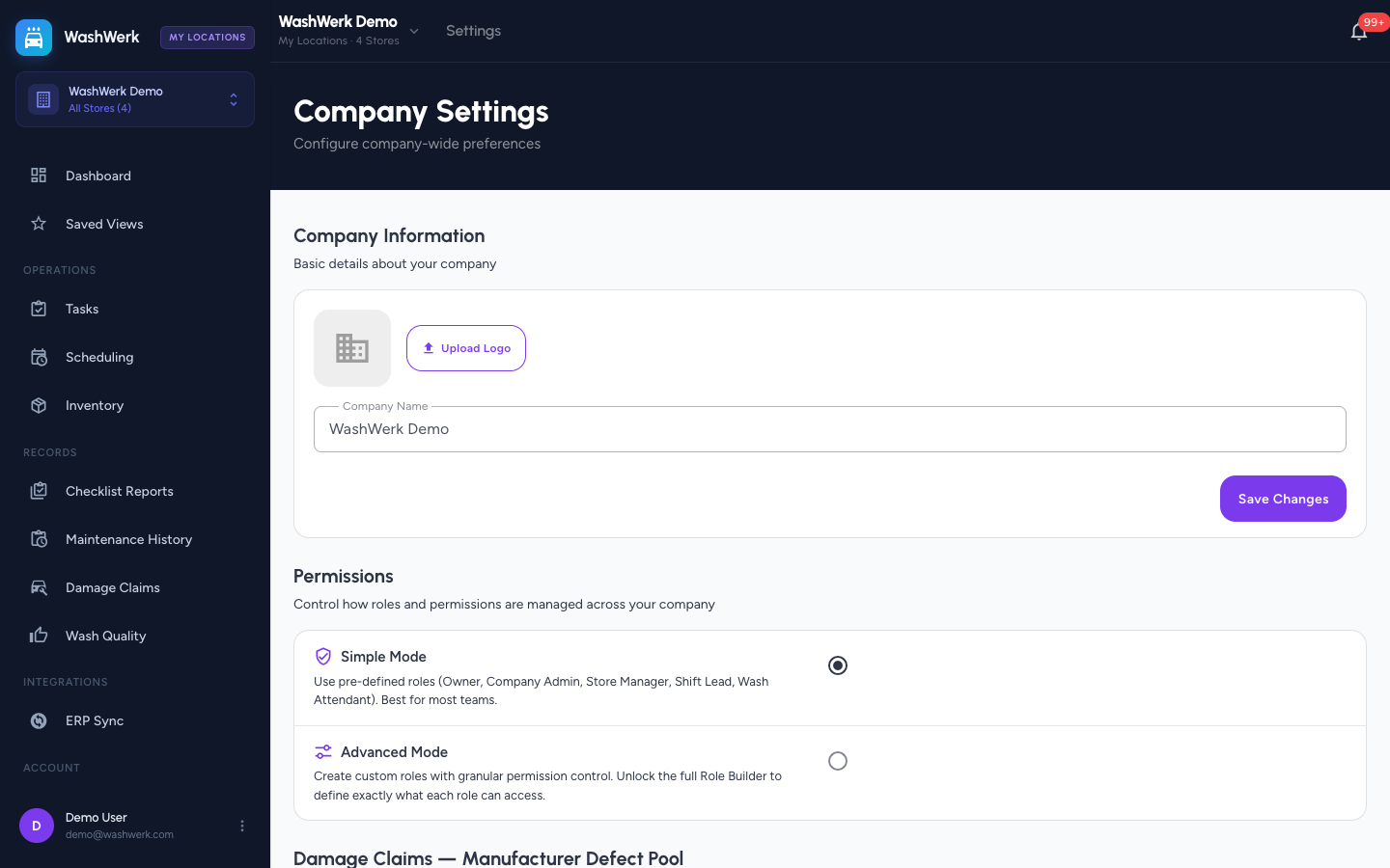 Permissions mode selector with Simple and Advanced options