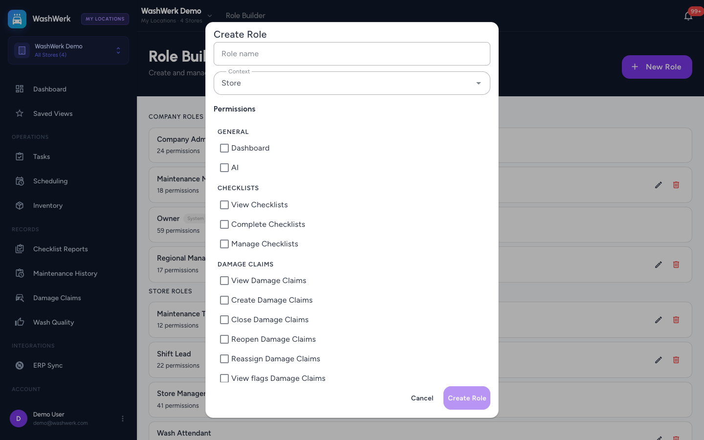 Create Role dialog showing grouped permission checkboxes