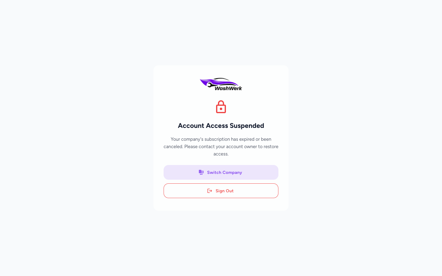 Account Access Suspended screen with Switch Company and Sign Out actions