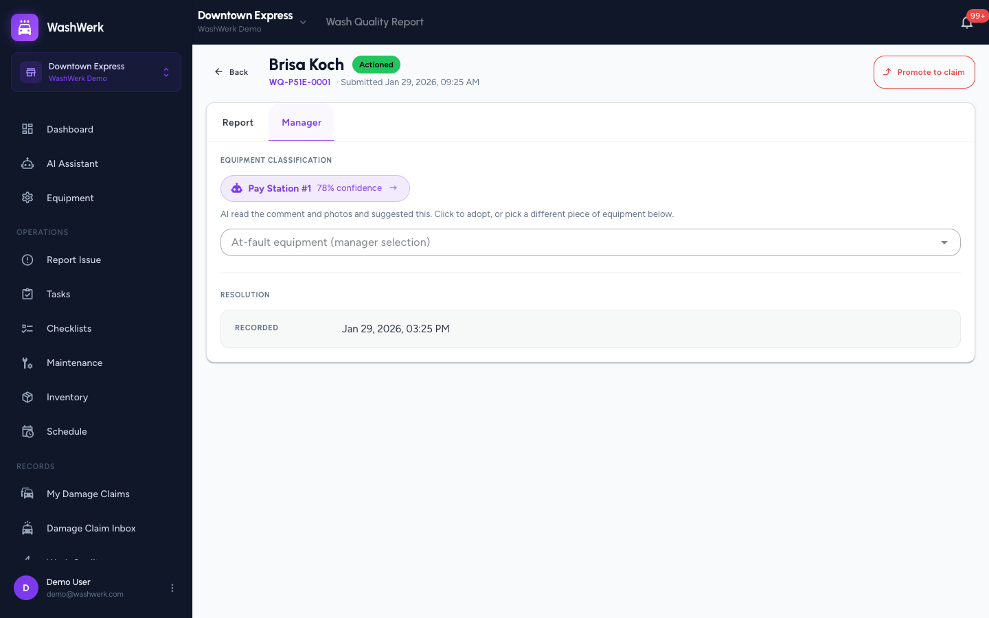 Manager tab showing AI equipment suggestion and equipment picker