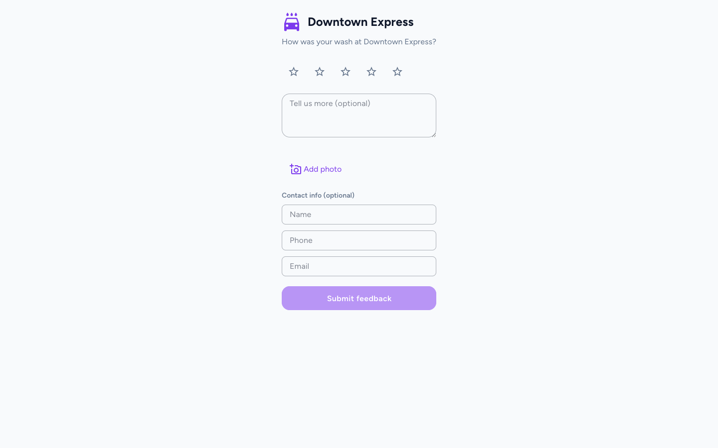 Public QR feedback form with star rating and comment fields