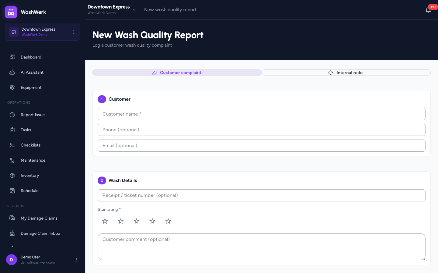 New wash quality report form showing intake mode toggle and star rating